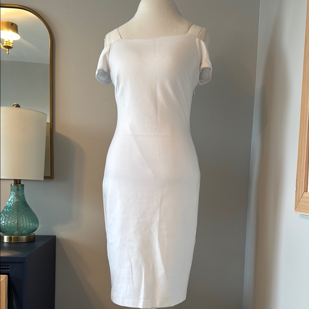 White Off-Shoulder Cap Sleeve Sheath Dress